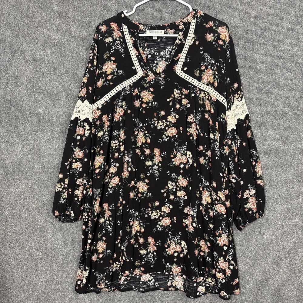 Tassels N Lace Dress Womens Size S Black Floral Whimsigoth Witchy Peasant